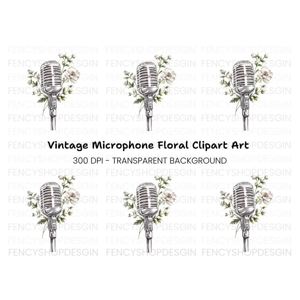 Retro Microphone with White Flowers Clipart Bundle