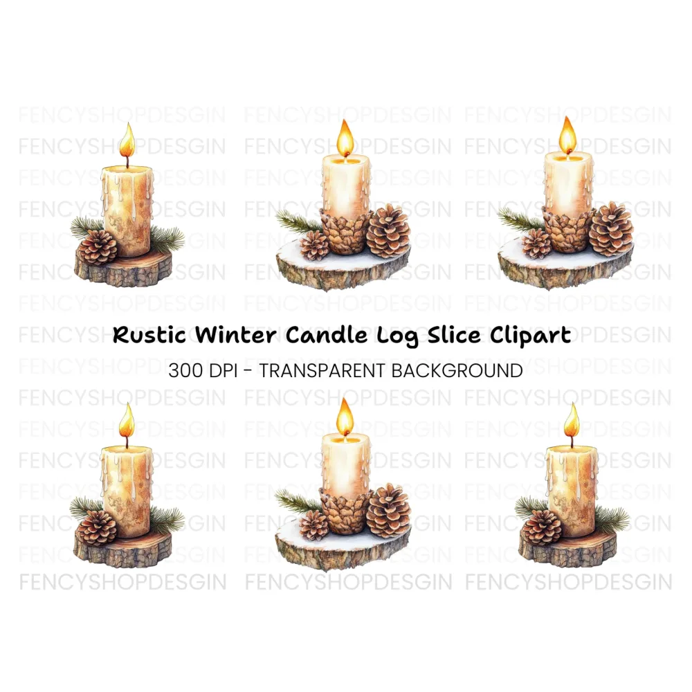 Winter Candle Pinecone Wood Slice Clipart Bundle