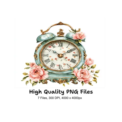 Vintage Floral Alarm Clock Clipart Bundle