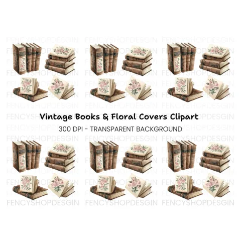 Vintage Floral Accents Books Clipart Bundle