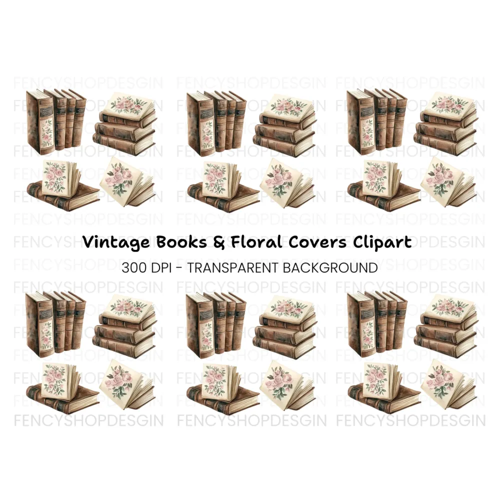 Vintage Floral Accents Books Clipart Bundle