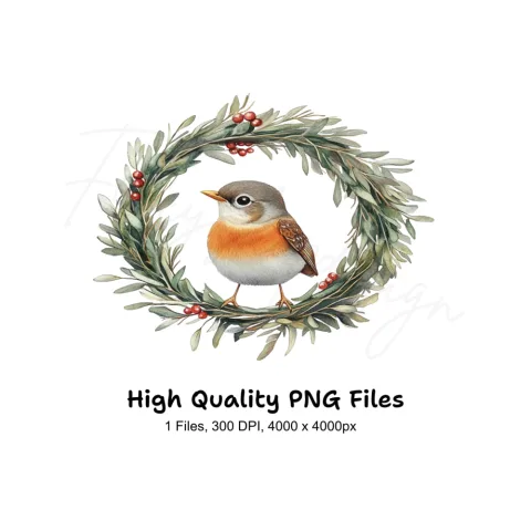 Winter Bird in Olive Wreath Clipart Bundle