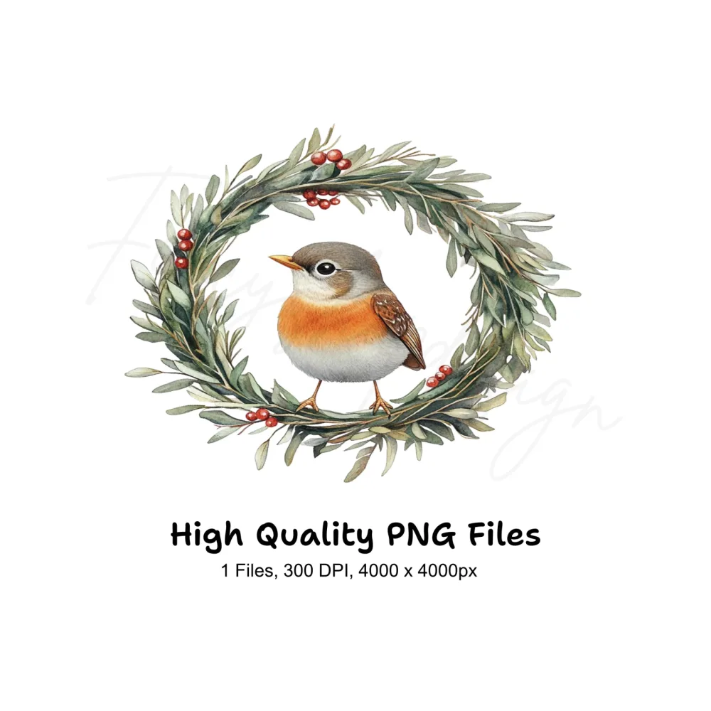 Winter Bird in Olive Wreath Clipart Bundle
