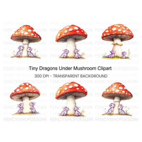 Tiny Dragons Under Mushroom Clipart Bundle