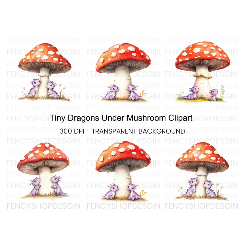 Tiny Dragons Under Mushroom Clipart Bundle