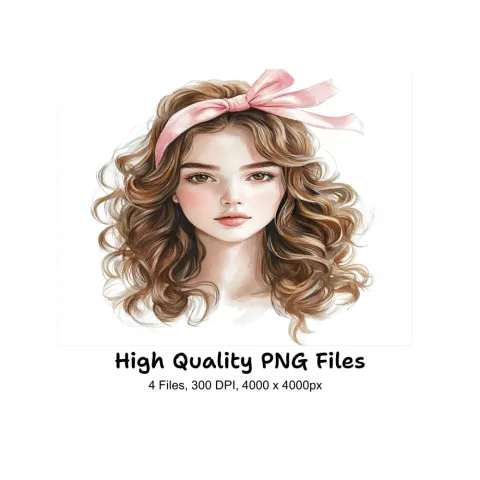 Cute Curly Haired Girl with Pink Bow Clipart Bundle