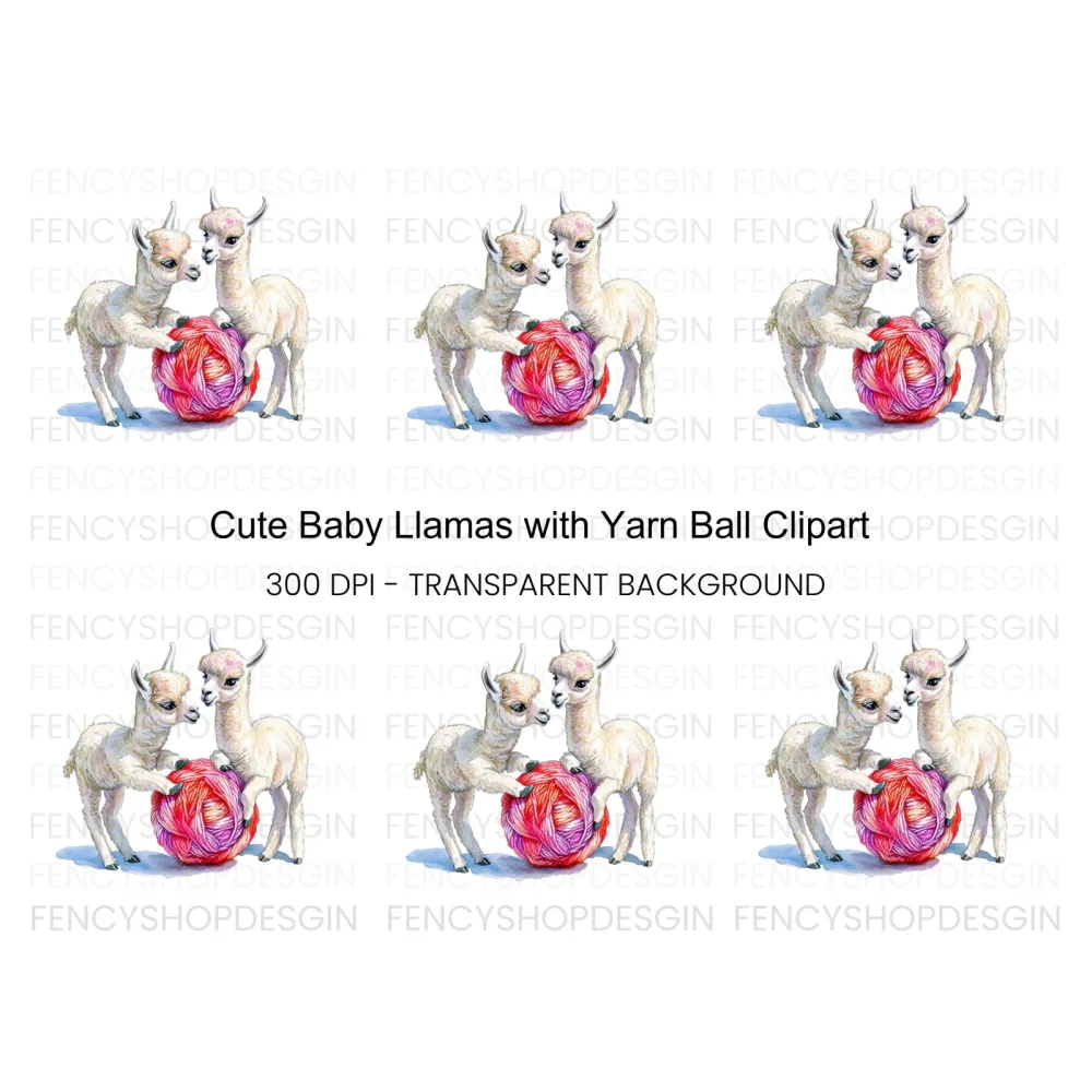 Cute Baby Llamas Playing With Yarn Clipart Bundle
