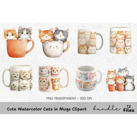 Cute Cats in Mugs Clipart Bundle