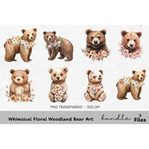 Whimsical Floral Woodland Bear Clipart Bundle