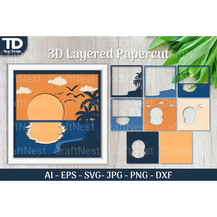 Tropical Beach Sunset D Shadow Box Scene Papercut SVG