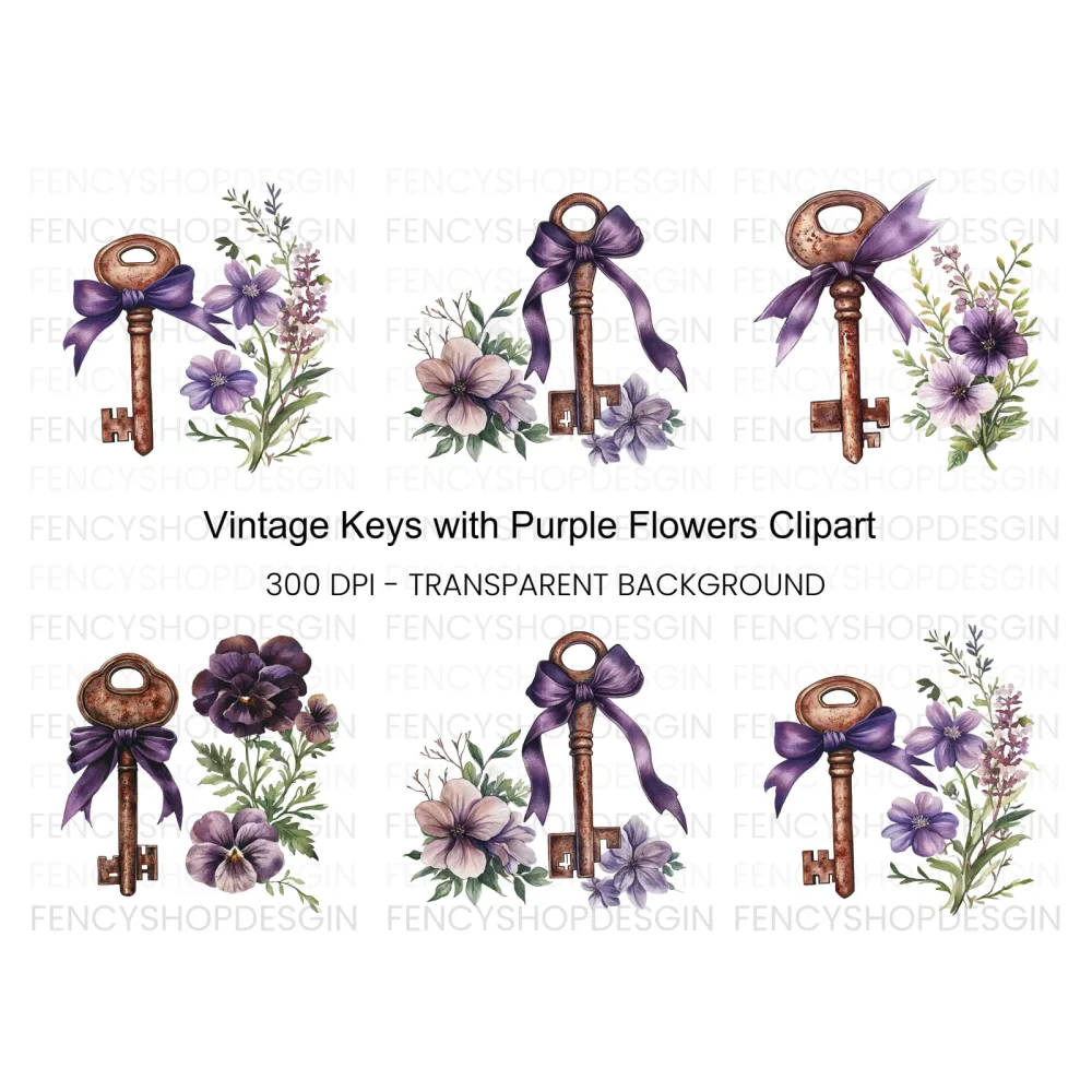 Vintage Keys with Purple Ribbons Clipart Bundle