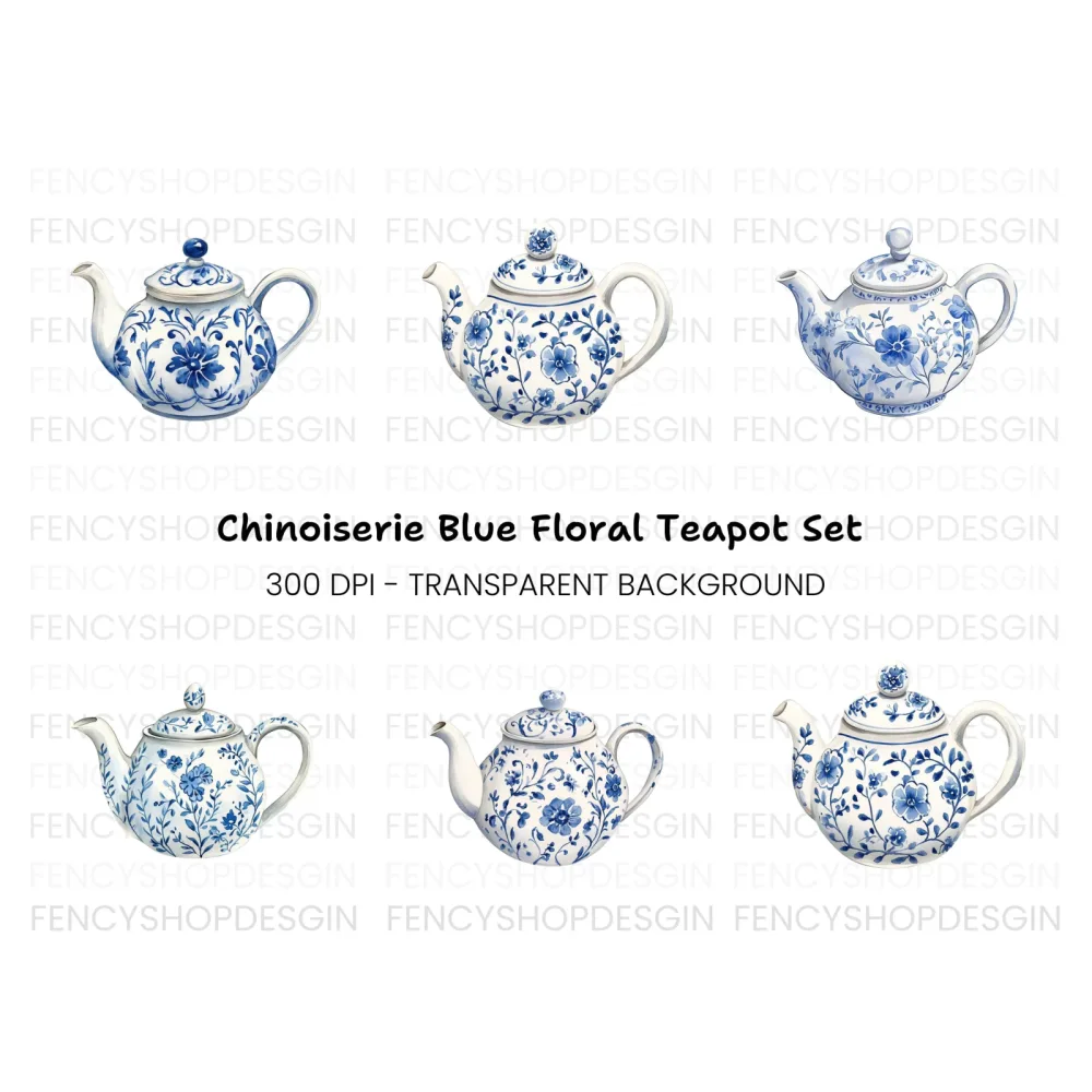 Blue and White Teapots Clipart Bundle