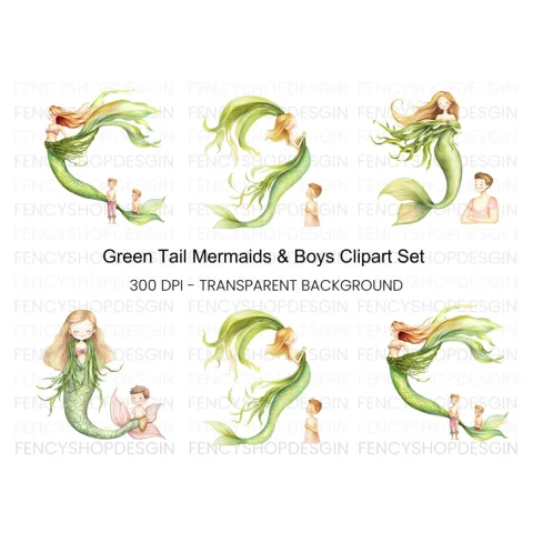 Green Mermaids and Human Kids Clipart Bundle