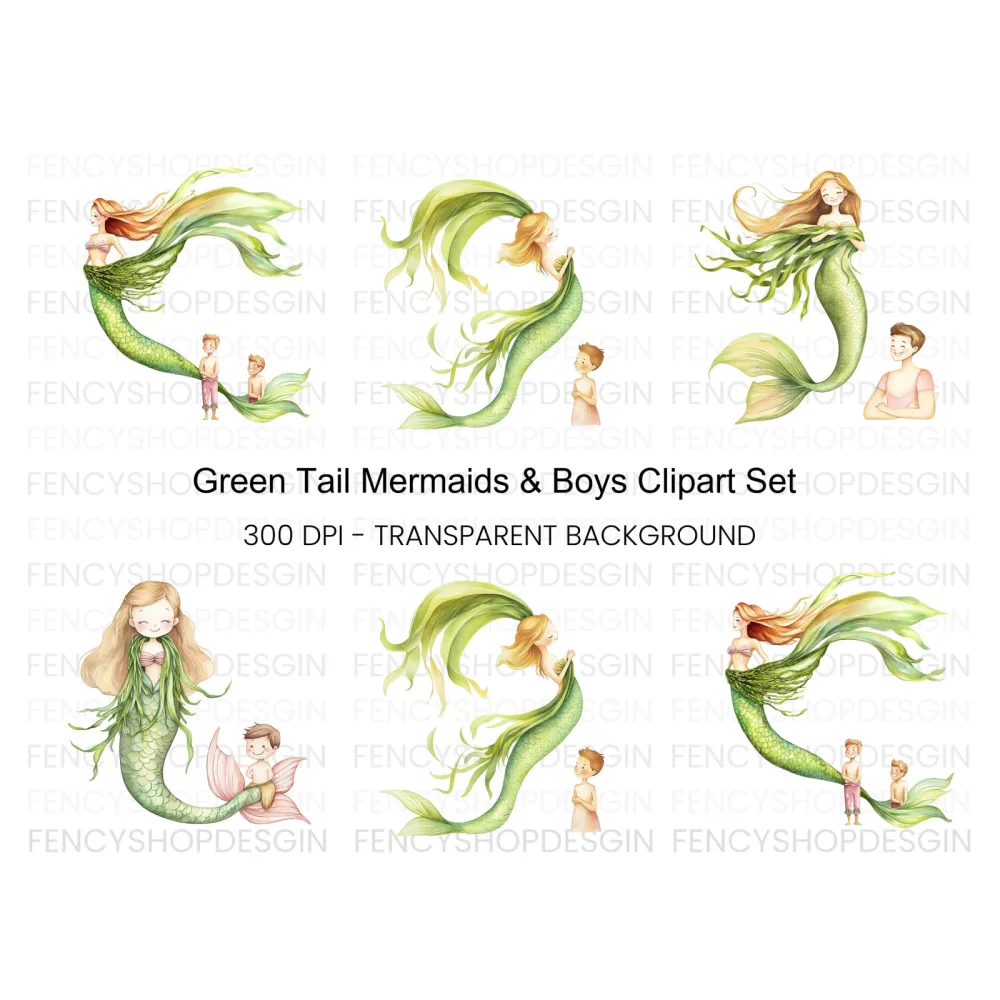 Green Mermaids and Human Kids Clipart Bundle