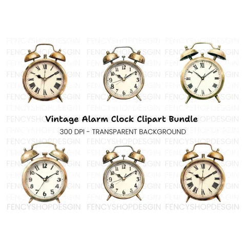Vintage Gold Alarm Clock Clipart Bundle