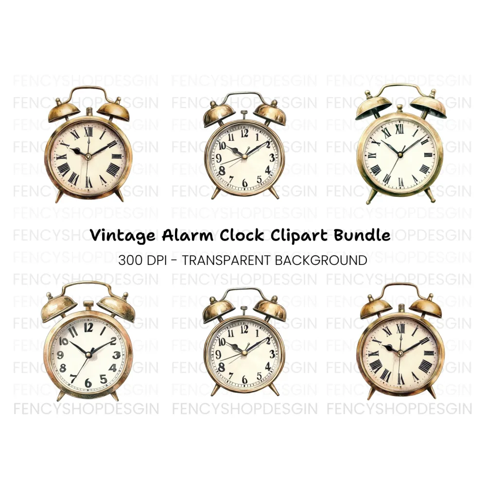 Vintage Gold Alarm Clock Clipart Bundle