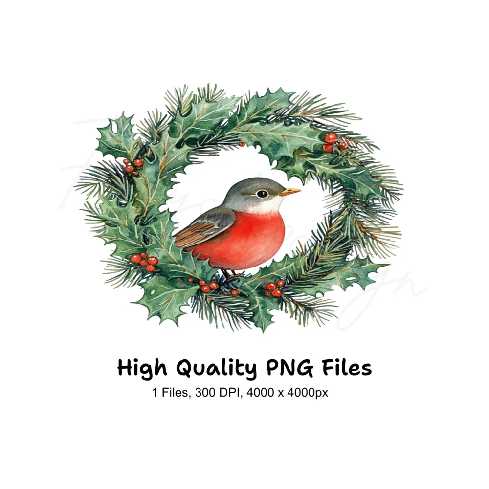 Festive Holly Wreath with Robin Clipart Bundle