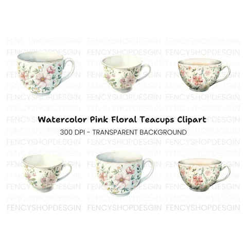Empty Floral Teacups Clipart Bundle