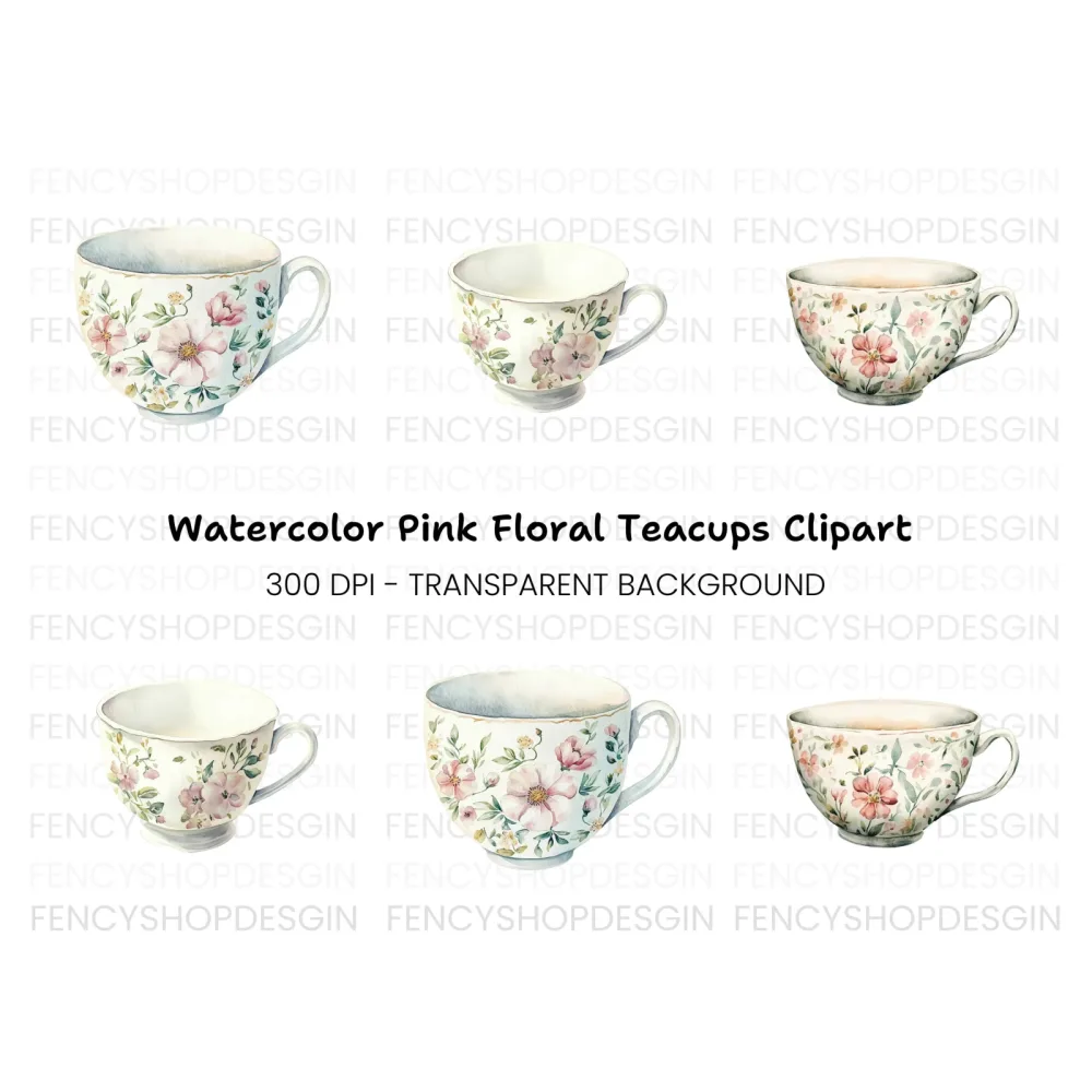 Empty Floral Teacups Clipart Bundle