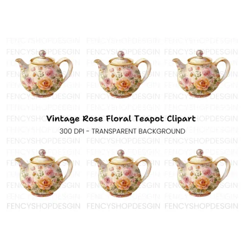 Elegant Rose Teapot Clipart Bundle