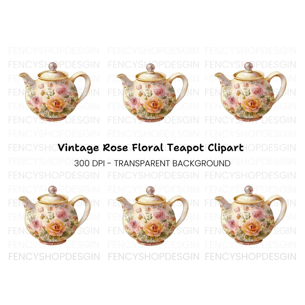 Elegant Rose Teapot Clipart Bundle