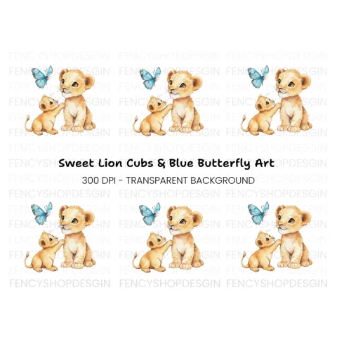 Playful Lion Cubs and Butterfly Clipart Bundle