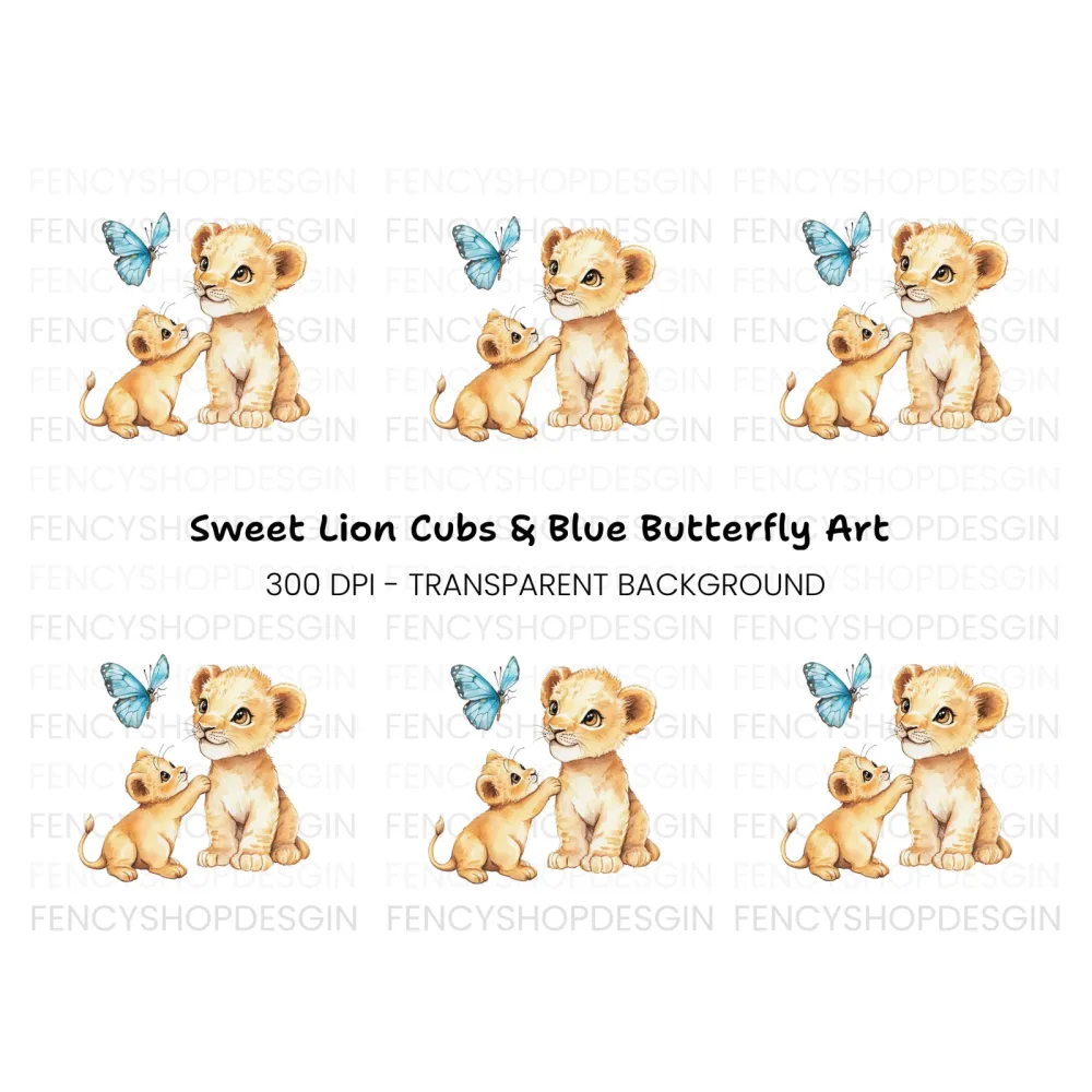 Playful Lion Cubs and Butterfly Clipart Bundle