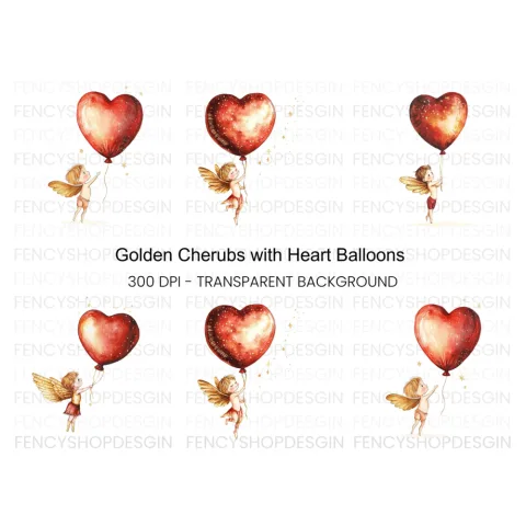 Flying Cupid Heart Balloon Clipart Bundle