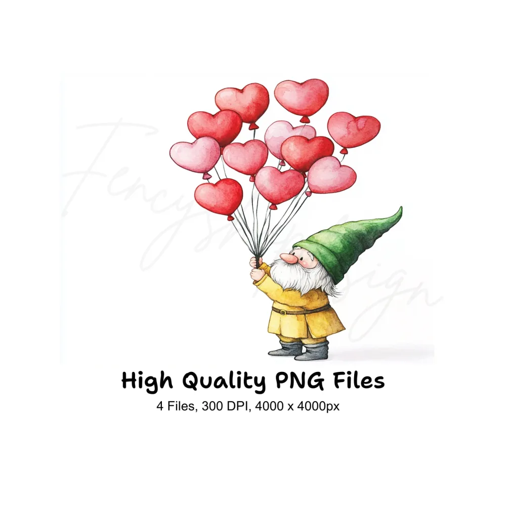Cute Gnomes Holding Heart Balloons Clipart Bundle