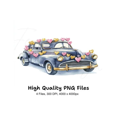 Vintage Cars with Heart Garlands Clipart Bundle