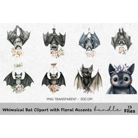 Whimsical Bat Floral Accents Clipart Bundle