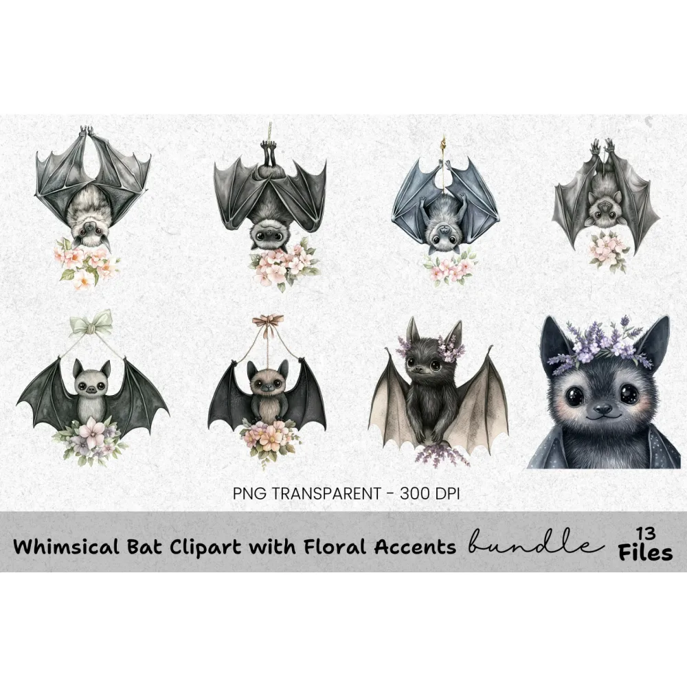 Whimsical Bat Floral Accents Clipart Bundle