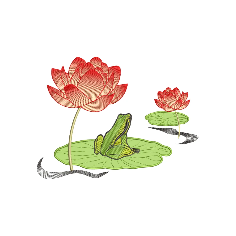 Frog Lotus Embroidery Design