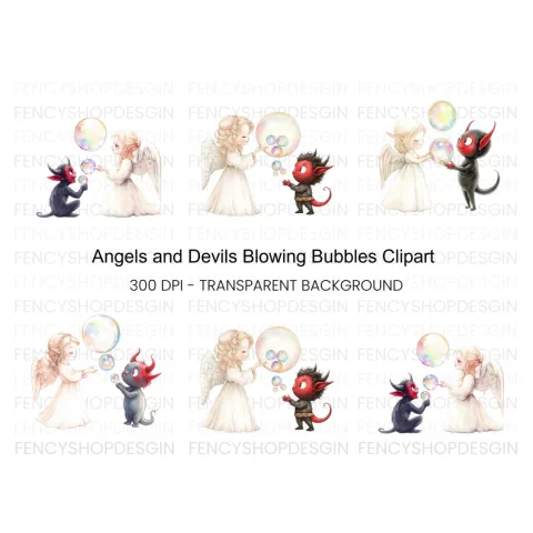 Angels and Devils Blowing Bubbles Clipart Bundle
