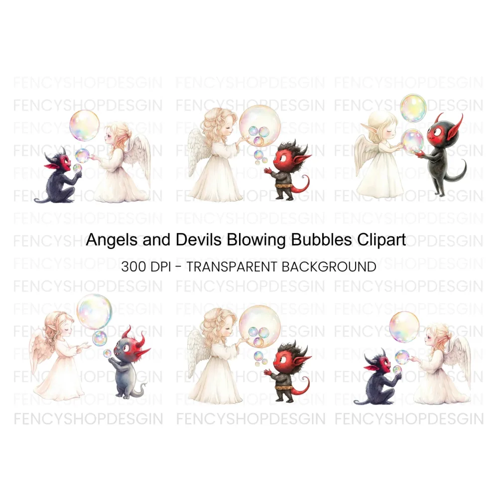 Angels and Devils Blowing Bubbles Clipart Bundle