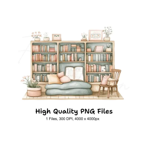 Bookshelf with Reading Cat Clipart Bundle