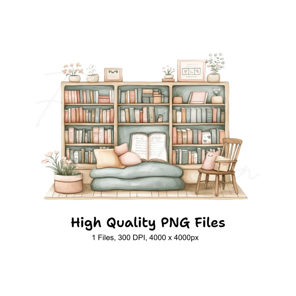 Bookshelf with Reading Cat Clipart Bundle
