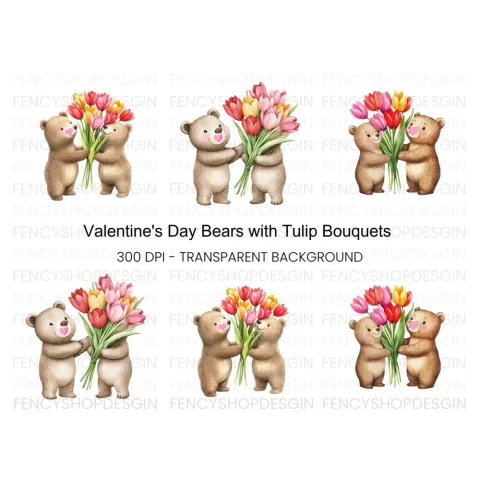 Teddy Bears with Tulip Bouquets Clipart Bundle