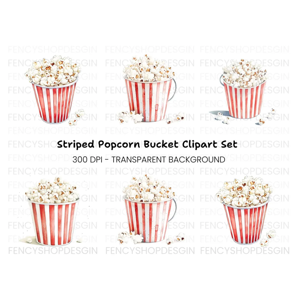 Striped Popcorn Buckets Clipart Bundle