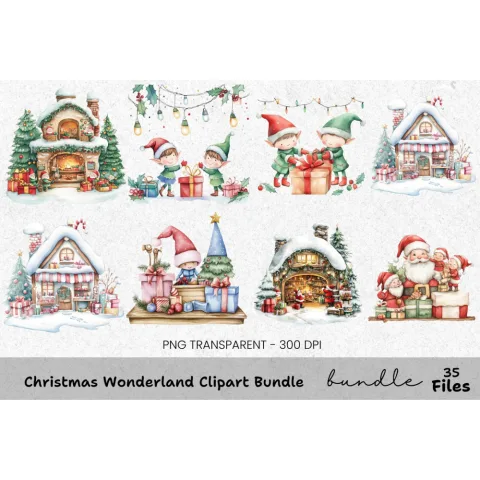 Christmas Elves Fireplace Clipart Bundle