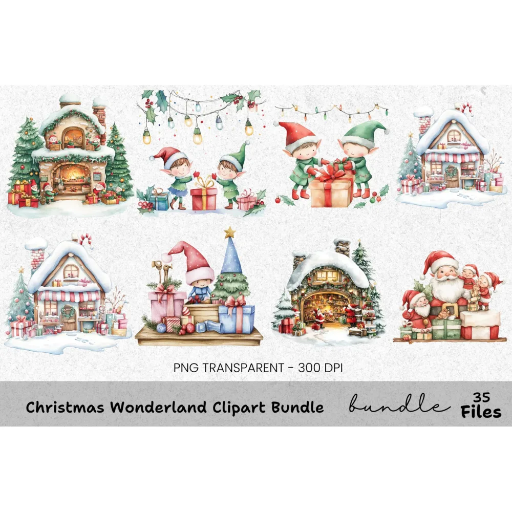 Christmas Elves Fireplace Clipart Bundle
