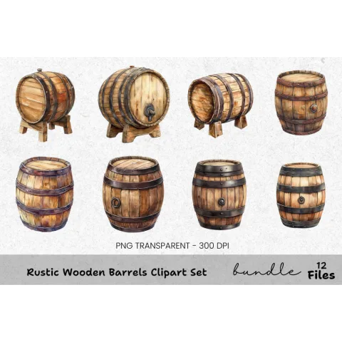 Rustic Wooden Barrels Clipart Bundle