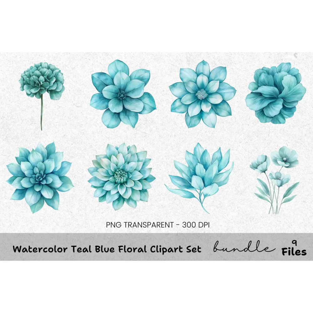 Teal Blue Floral Clipart Bundle
