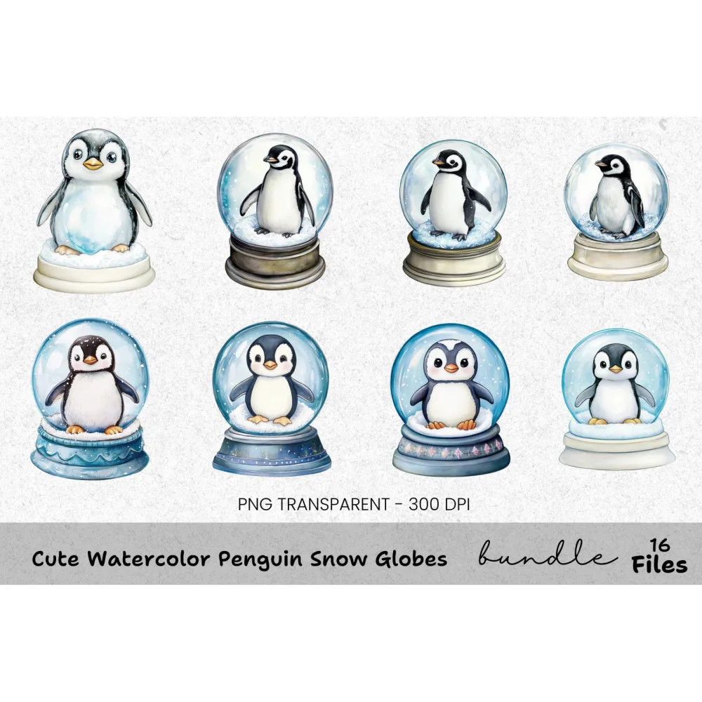 Cute Penguin Snow Globes Clipart Bundle