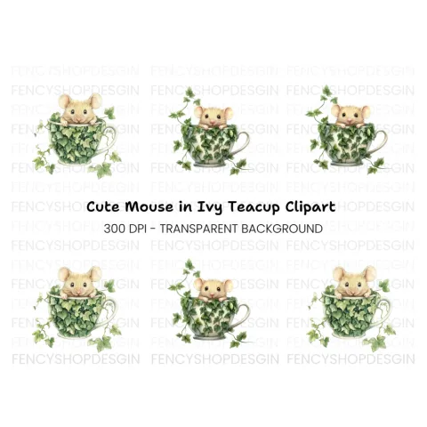 Cute Mice in Ivy Teacups Clipart Bundle