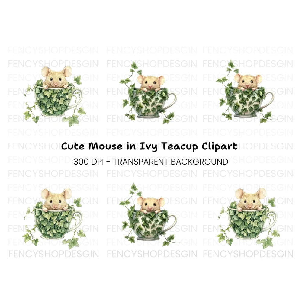 Cute Mice in Ivy Teacups Clipart Bundle