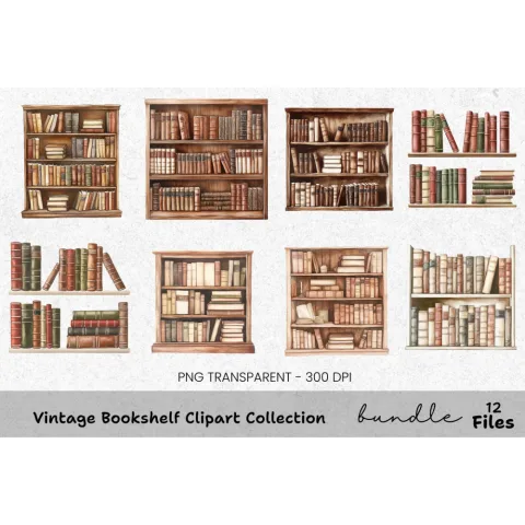 Vintage Bookshelf Clipart Bundle