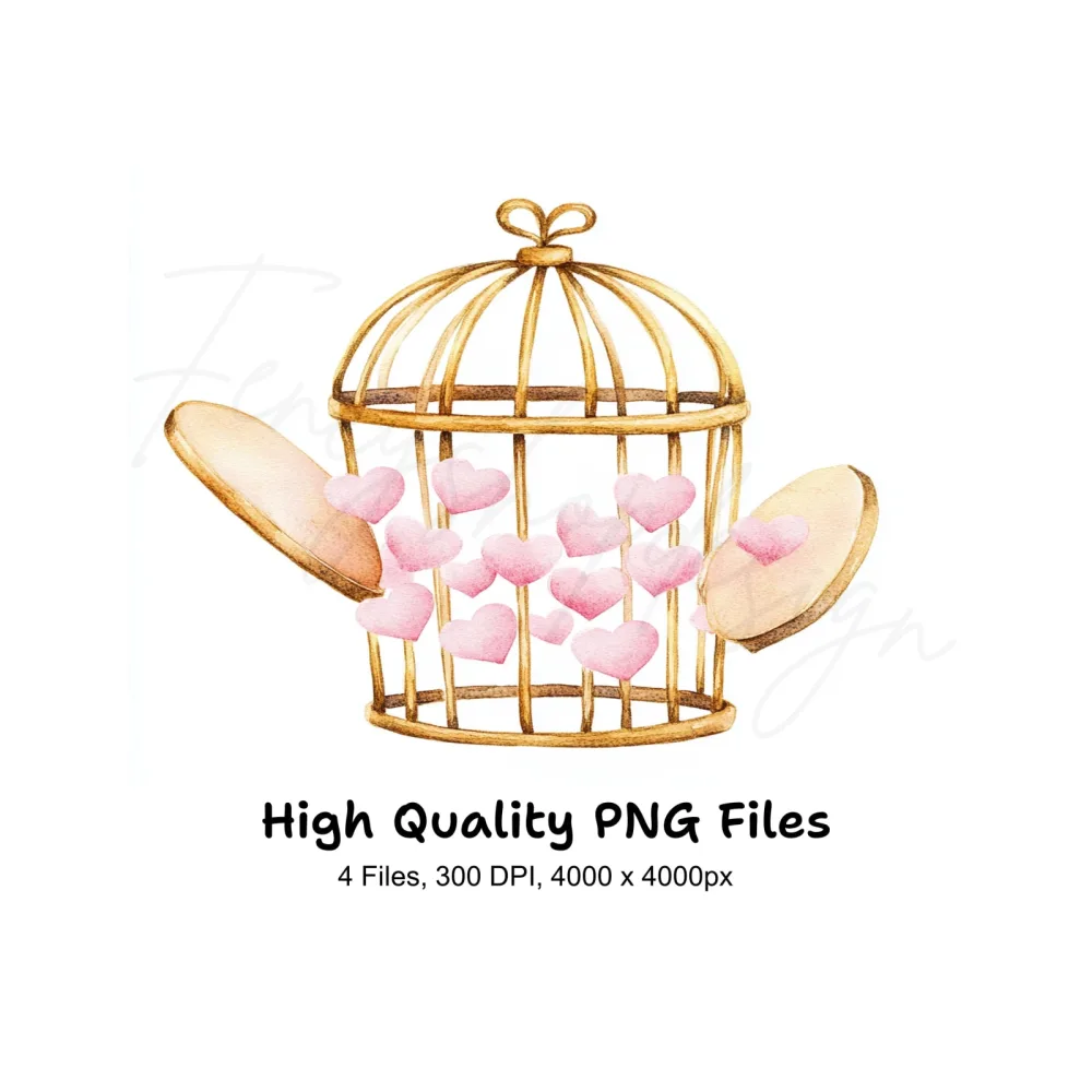 Birdcage with Pink Hearts Clipart Bundle