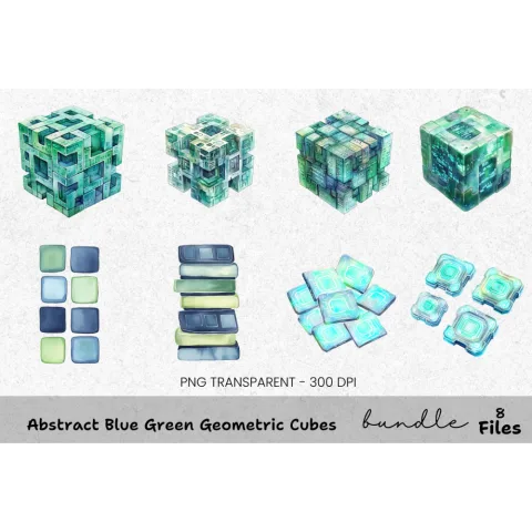 Abstract Blue Green Geometric Cubes Clipart Bundle