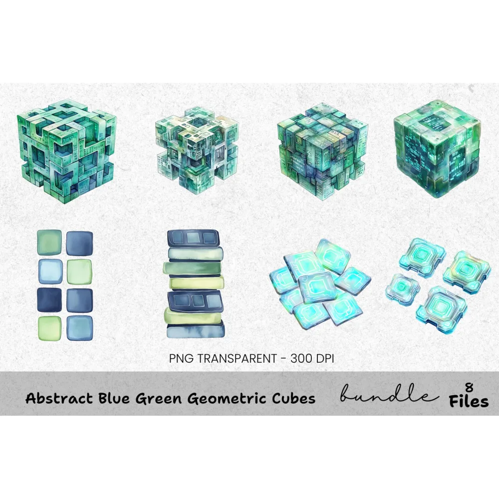 Abstract Blue Green Geometric Cubes Clipart Bundle
